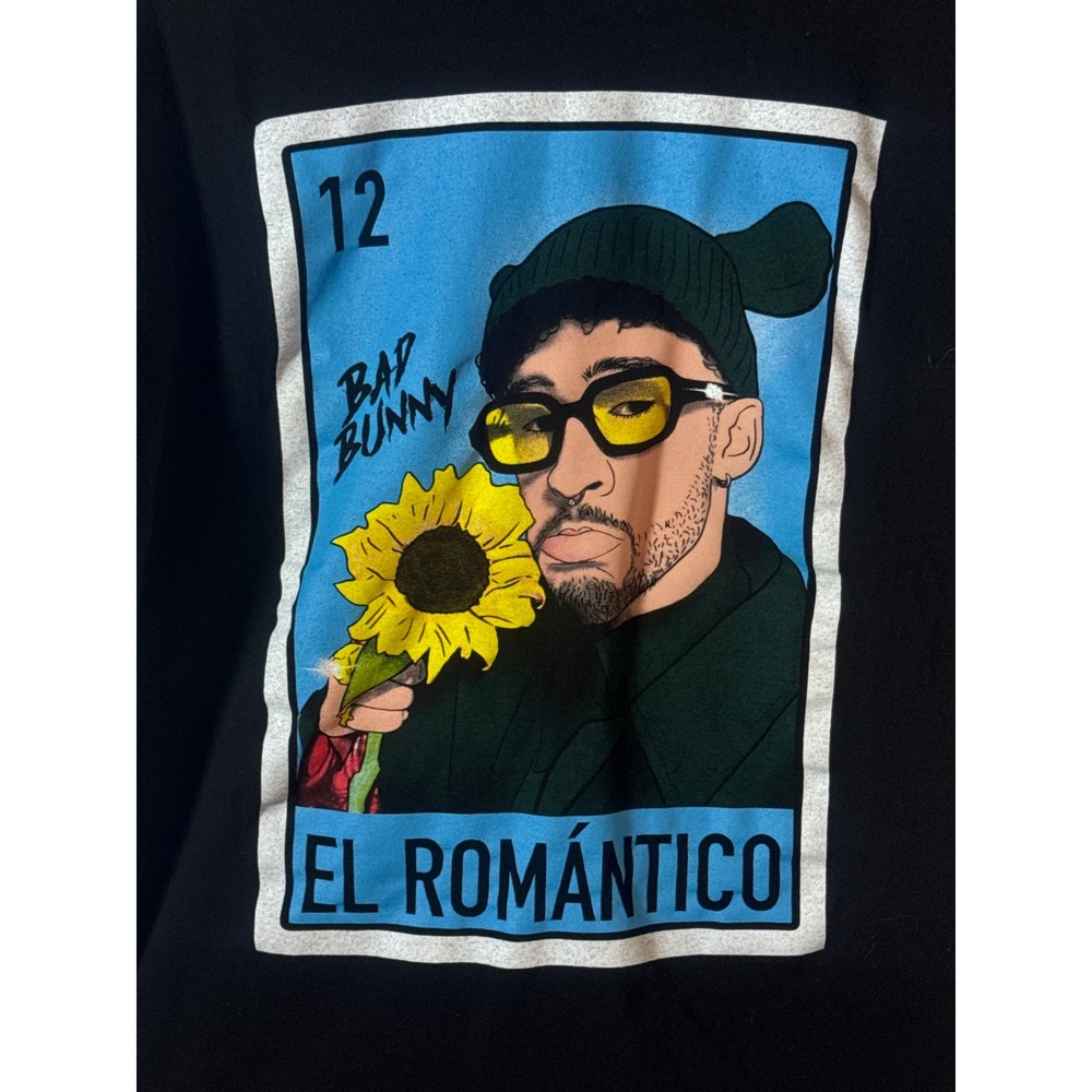 Bad Bunny El Romantico Loteria Graphic T-Shirt Black Mens XL Sunflower Tee